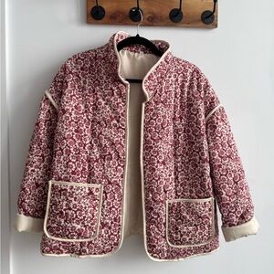 Quilted Floral Jacket - Cream Trim Burgundy